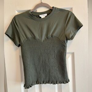 KIRIOUS Los Angeles Short Sleeve Fitted Army Green BOHO Ruched Tee Sz S